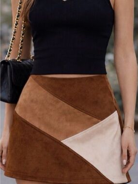 Altar'd State Brown and Cream Colorblock Suede Mini Skirt